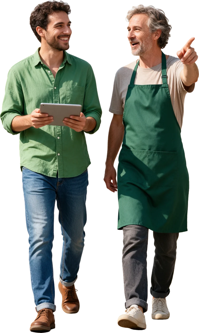 A consultant with a tablet walking the shop with its owner